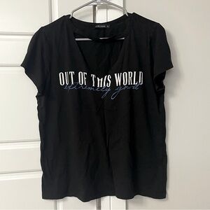 LCW Out of this world V Neck Cut Black Blouse Size XL Text Print